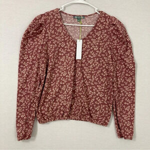 New Good Luck Gem Ditsy Floral Waffle Knit V Neck Puff Sleeve Top Large